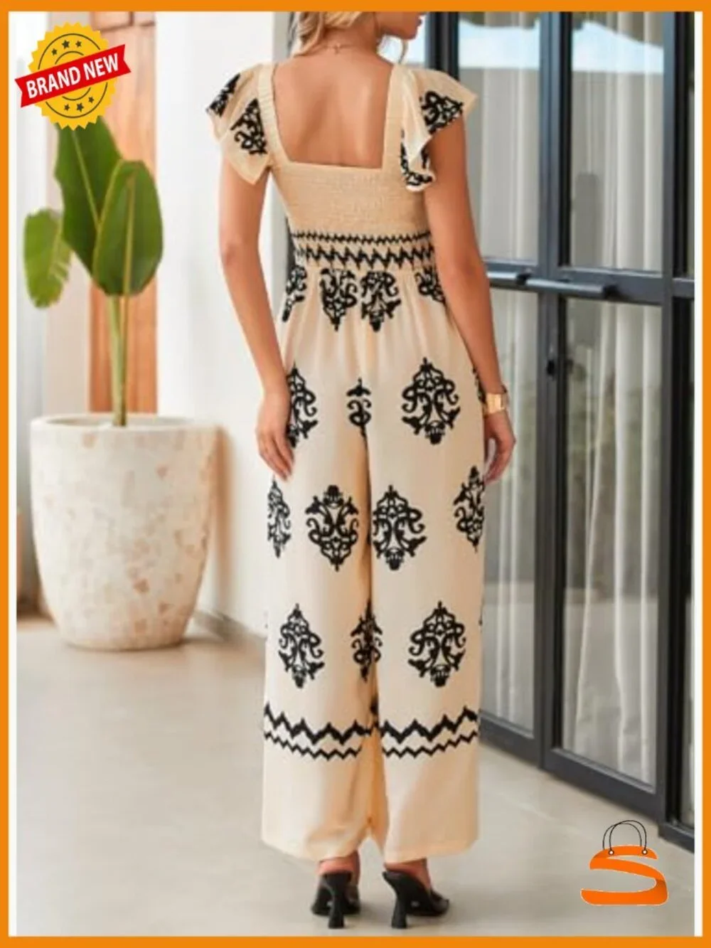 Womens Summer Jumpsuit Square Neck Wide Leg Pockets Vacation Outfits Romper - Picture 6 of 7